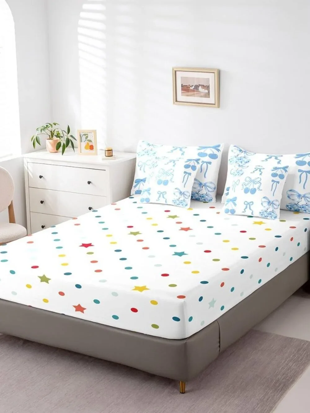 Kawaii Blue Bow Kids Comforter Set With Sheets For Boys Girls Twin Size,Cute Bow